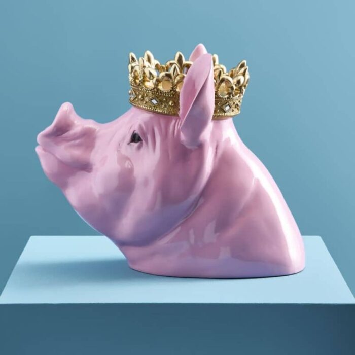 PIGGY BANK PIG PORKY WITH CROWN PINK