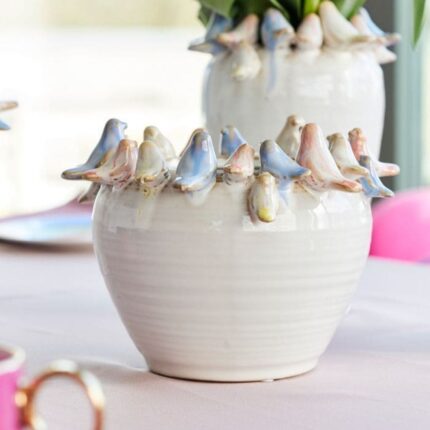 POT WITH BIRDS L WHITE