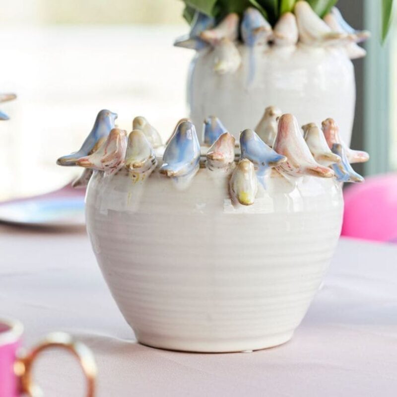 POT WITH BIRDS L WHITE