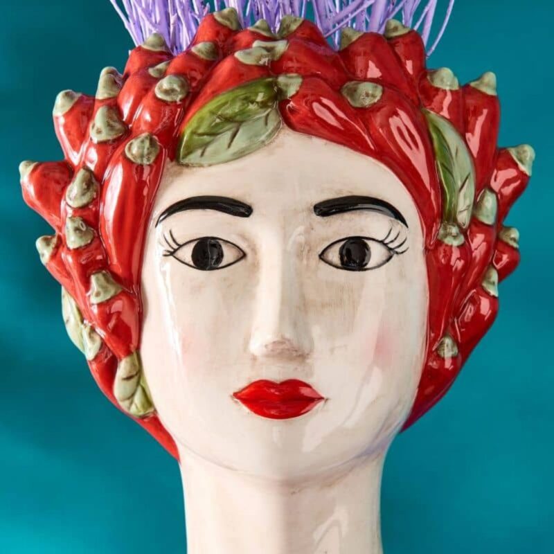SICILIAN FEMALE BUST DECORATIVE VASE CHILI LADY RED-GREEN HAND-PAINTED