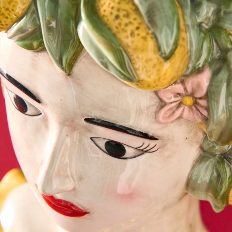 SICILIAN FEMALE BUST DECORATIVE VASE LADY LEMON YELLOW-GREEN HAND-PAINTED