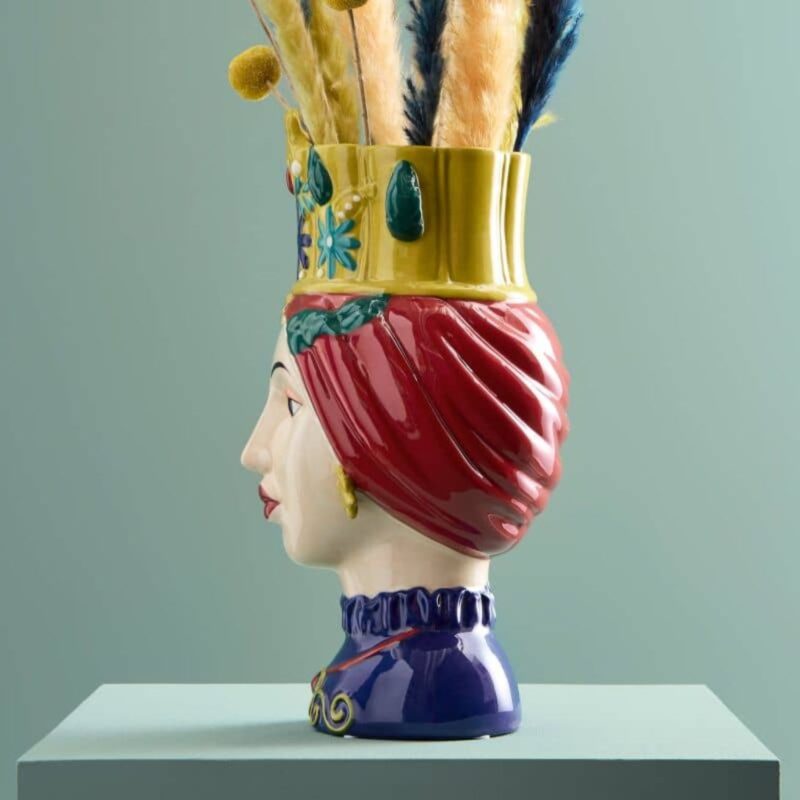SICILIAN FEMALE BUST DECORATIVE VASE LETIZIA RED-YELLOW HAND-PAINTED