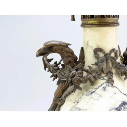 FRENCH WHITE AND BLACK MARBLE BRONZE LAMP EAGLES FLORAL GARLANDS