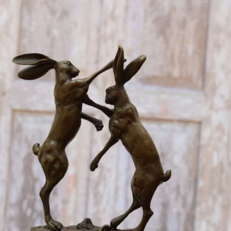 TWO BOXING HARES BRONZE SCULPTURE