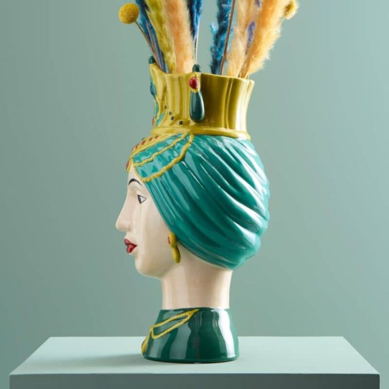 SICILIAN FEMALE BUST DECORATIVE VASE ESTEFANIA GREEN-YELLOW HAND-PAINTED
