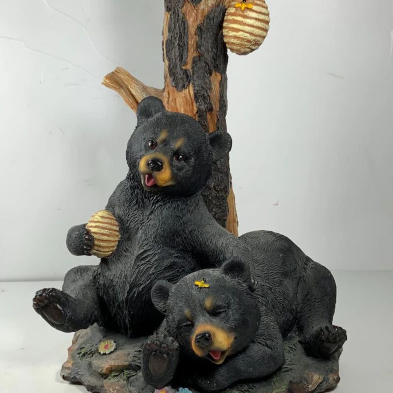 VINTAGE RUSTIC RESIN BLACK BEAR EATING HONEY TABLE