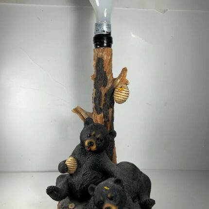 VINTAGE RUSTIC RESIN BLACK BEAR EATING HONEY TABLE LAMP
