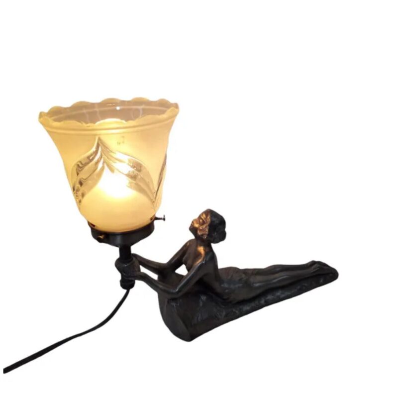 VINTAGE ART DECO FIGURAL LADY LAMP AND SHADE SIGNED CHANDLER
