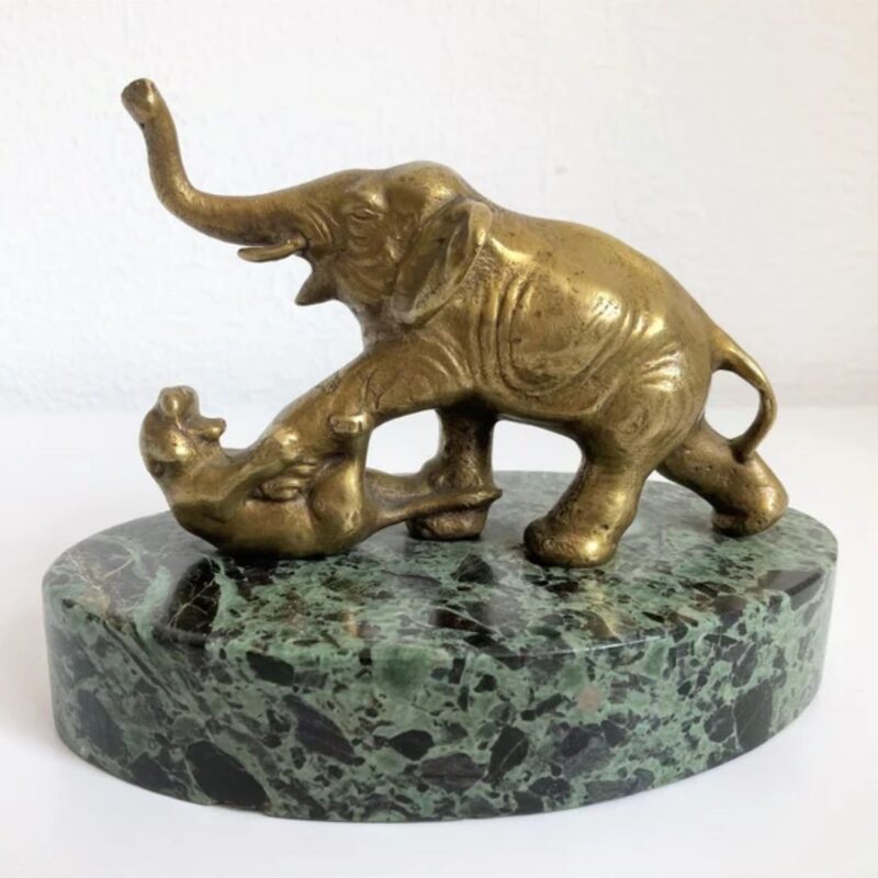 ART DECO STATUE OF ELEPHANT AND TIGER IN BRONZE AND MARBLE PRESSE PAPIER