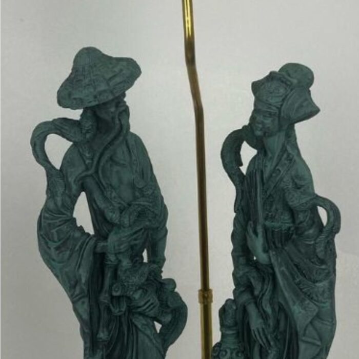 VINTAGE RESIN ORIENTAL MAN AND WOMAN TABLE LAMP WITH SHADE