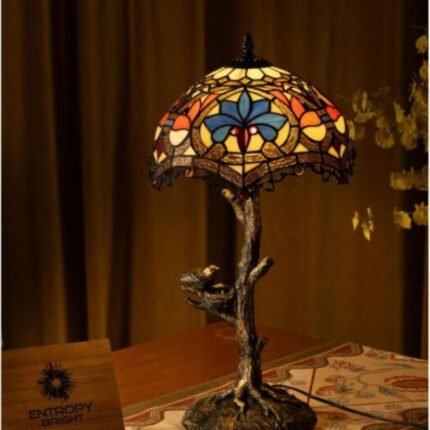 TIFFANY TABLE LAMP BLUE PETAL GROVE WITH STAINED GLASS SHADE