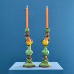 SET OF 2 PARROT CANDLE HOLDERS GREEN-BLUE-YELLOW