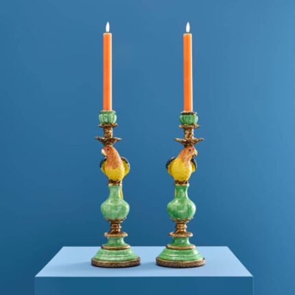 SET OF 2 PARROT CANDLE HOLDERS GREEN-BLUE-YELLOW
