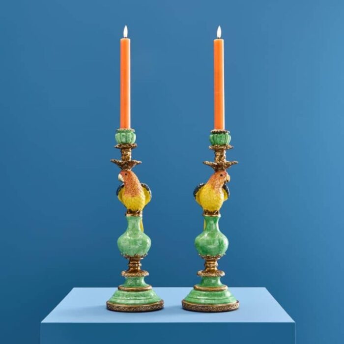 SET OF 2 PARROT CANDLE HOLDERS GREEN-BLUE-YELLOW