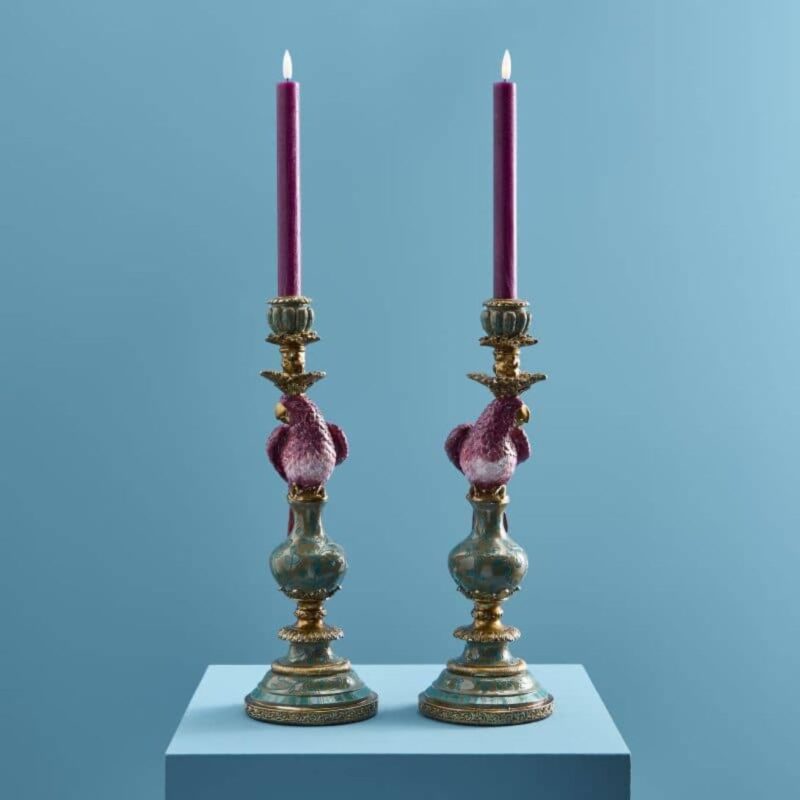 SET OF 2 PARROT CANDLE HOLDERS PINK-GREEN