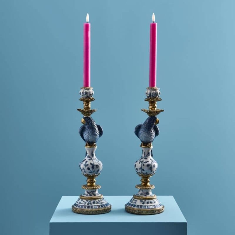 SET OF 2 CANDLE HOLDERS PARROT BLUE-WHITE-GOLD