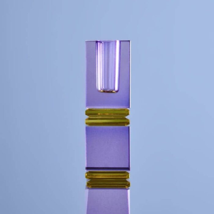 CANDLE HOLDER FANCY CRYSTAL PURPLE SQUARE GLASS
