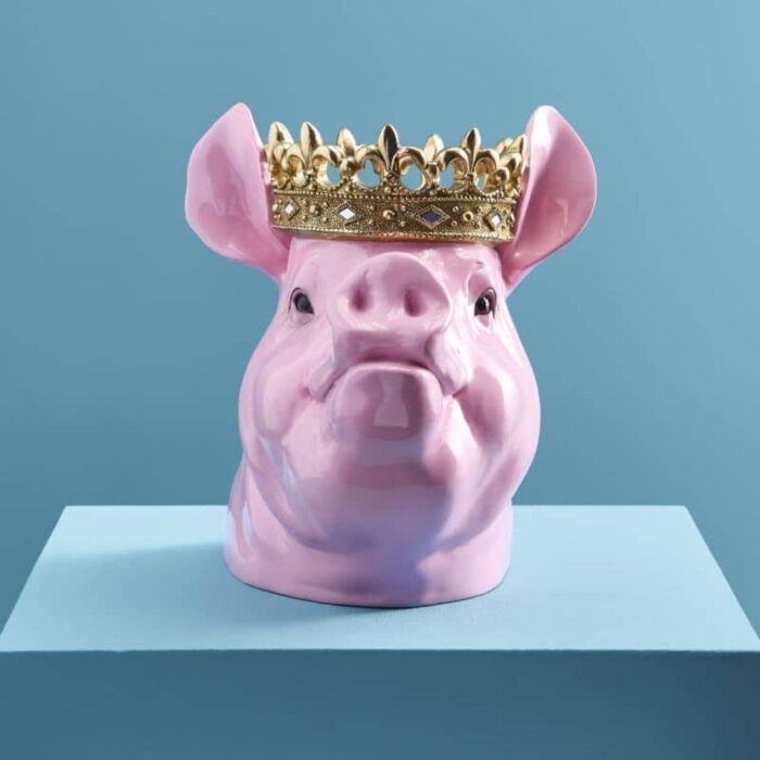PIGGY BANK PIG PORKY WITH CROWN PINK