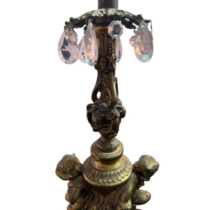 VINTAGE CHERUB PUTTI GOLD BRASS AND CRYSTAL WHITE MARBLE LAMP
