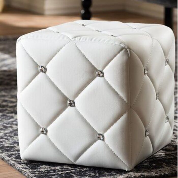 CRYSTAL BUTTON TUFTED LEATHER OTTOMAN