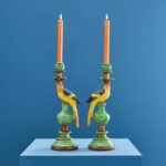 SET OF 2 PARROT CANDLE HOLDERS GREEN-BLUE-YELLOW