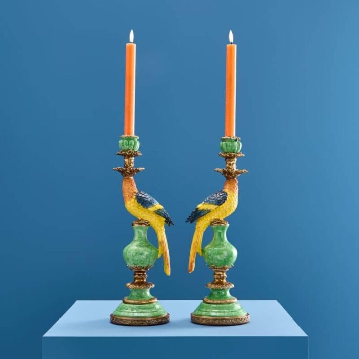 SET OF 2 PARROT CANDLE HOLDERS GREEN-BLUE-YELLOW