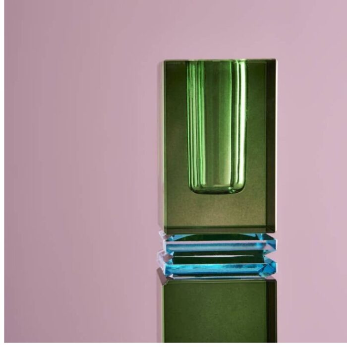 CANDLE HOLDER FANCY CRYSTAL GREEN SQUARE GLASS