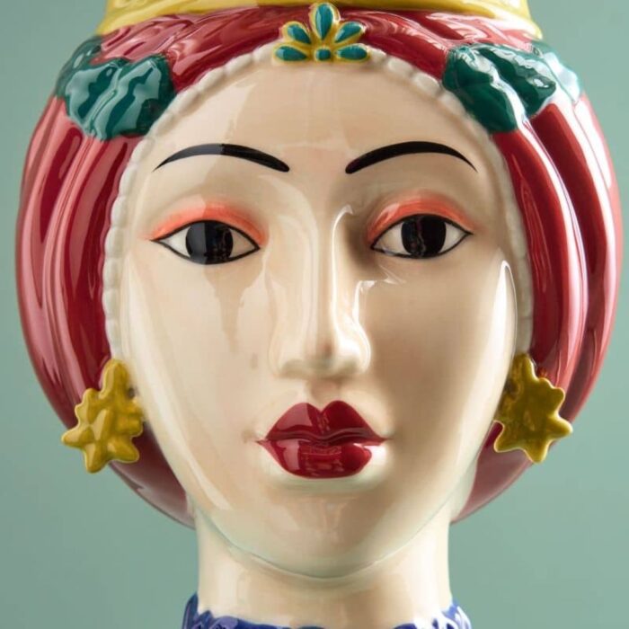 SICILIAN FEMALE BUST DECORATIVE VASE LETIZIA RED-YELLOW HAND-PAINTED