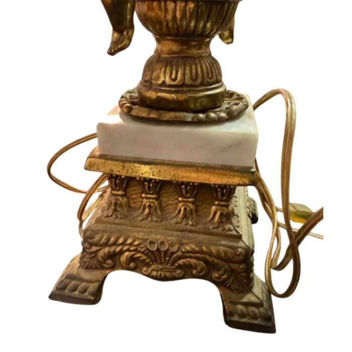 VINTAGE CHERUB PUTTI GOLD BRASS AND CRYSTAL WHITE MARBLE LAMP