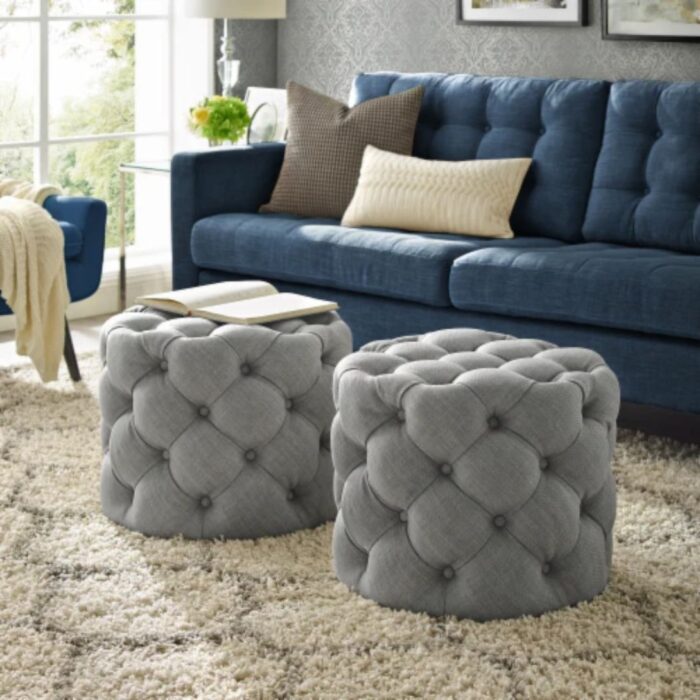 TUFTED ROUND LEATHER OTTOMAN SET OF TWO