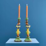 SET OF 2 PARROT CANDLE HOLDERS GREEN-BLUE-YELLOW