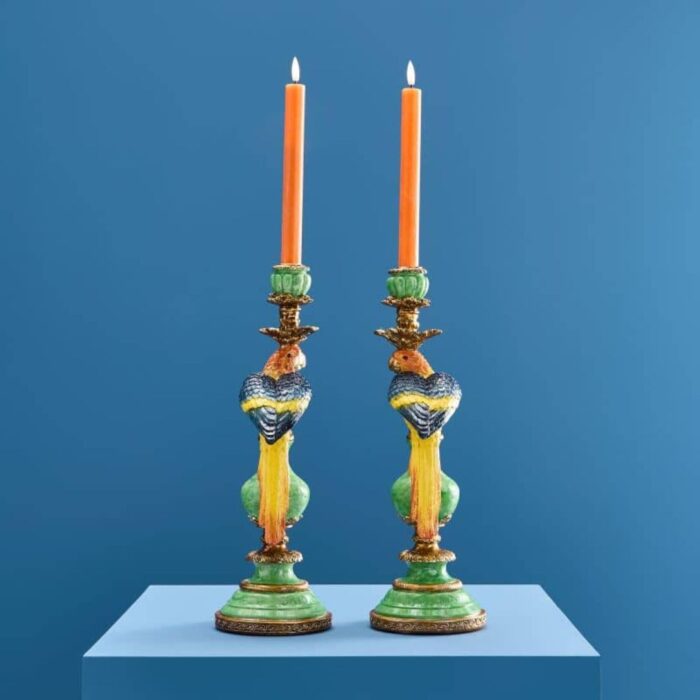 SET OF 2 PARROT CANDLE HOLDERS GREEN-BLUE-YELLOW