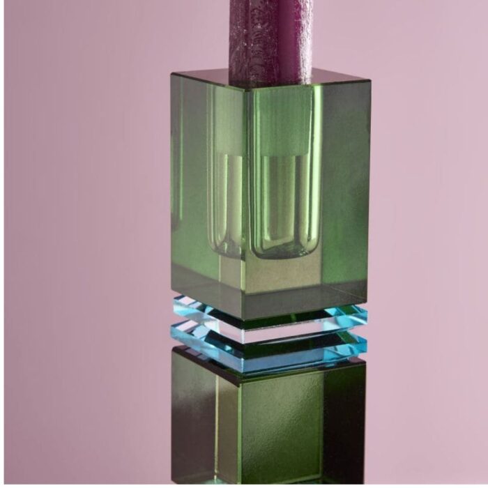 CANDLE HOLDER FANCY CRYSTAL GREEN SQUARE GLASS