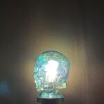 IRIDESCENT BLUE GLASS SKULL LIGHT COVER WITH CUSTOM 3D PRINTED BASE