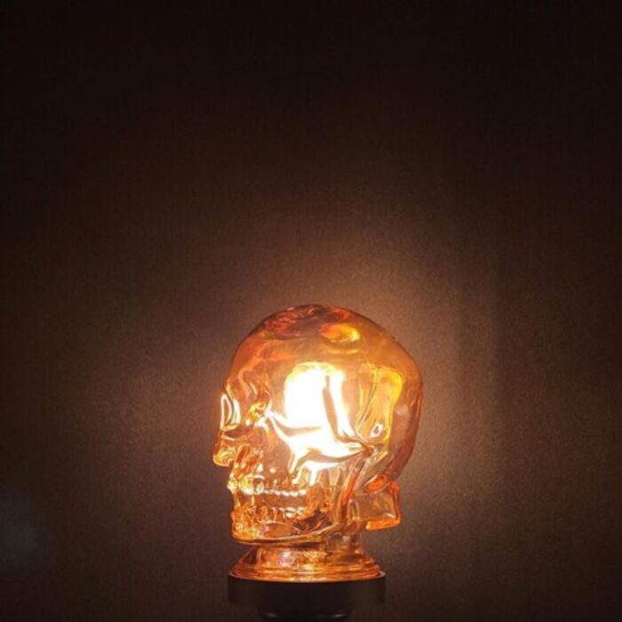 IRIDESCENT AMBER GLASS SKULL LIGHT COVER WITH CUSTOM 3D PRINTED BASE