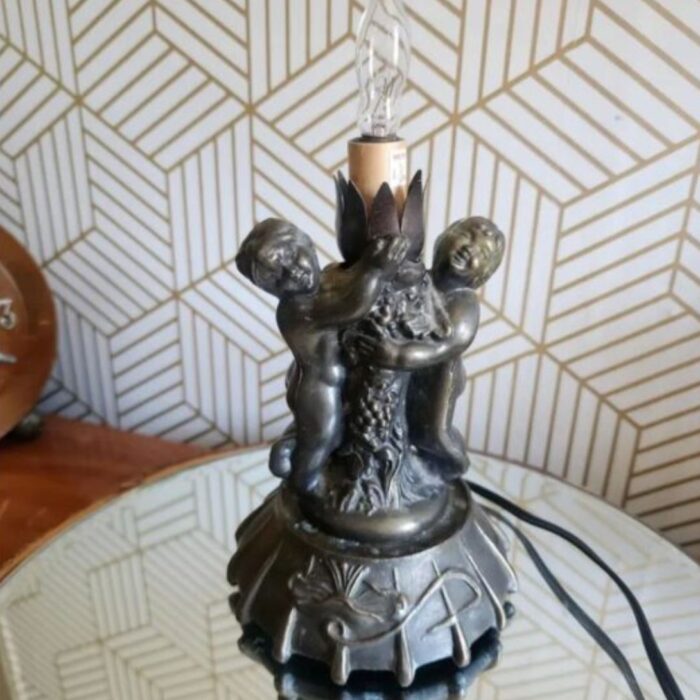 VINTAGE MEYDA TIFFANY BRONZE DOUBLE CHERUB ACCENT LAMP