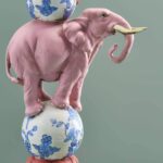 CANDLE HOLDER PARROT ON ELEPHANT PINK-BLUE-WHITE