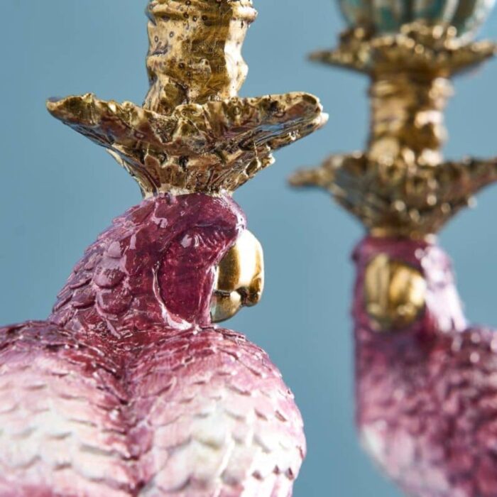 SET OF 2 PARROT CANDLE HOLDERS PINK-GREEN
