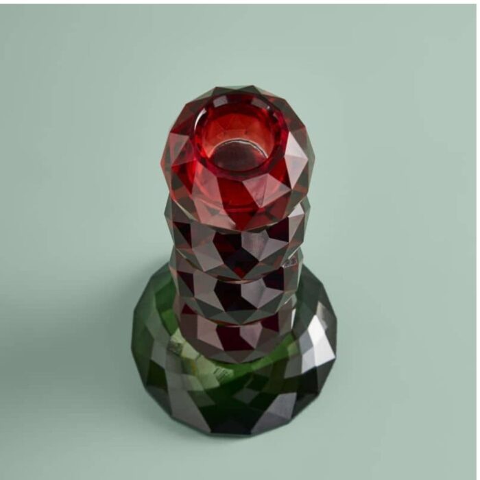 CANDLE HOLDER FANCY CRYSTAL RED ROUND GLASS