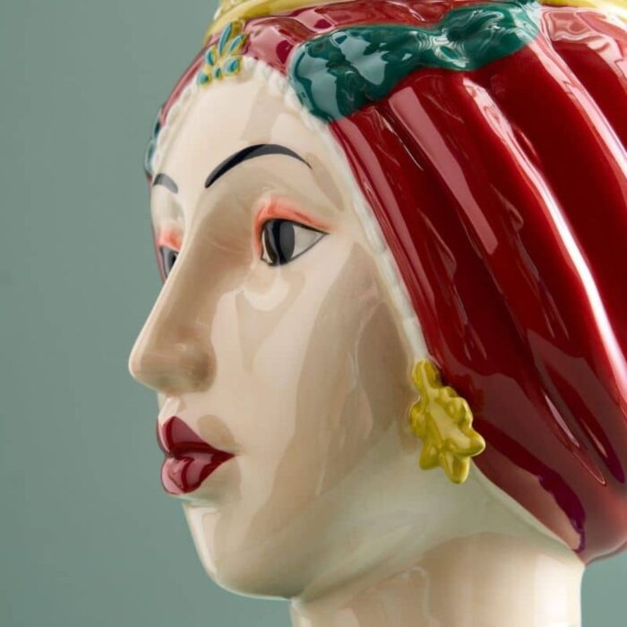 SICILIAN FEMALE BUST DECORATIVE VASE LETIZIA RED-YELLOW HAND-PAINTED