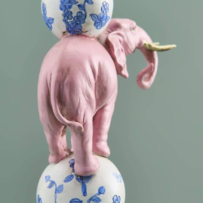 CANDLE HOLDER PARROT ON ELEPHANT PINK-BLUE-WHITE