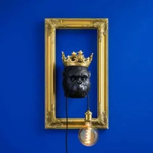 Black Monkey Kong Wall Lamp — sculptural black monkey lamp and decorative wall light with E27 socket, 23 cm tall, ideal as a entryway lamp for modern living room and hallway decor