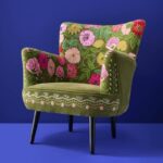 Velvet Armchair with Floral Design Emma Green Hand-Embroidered