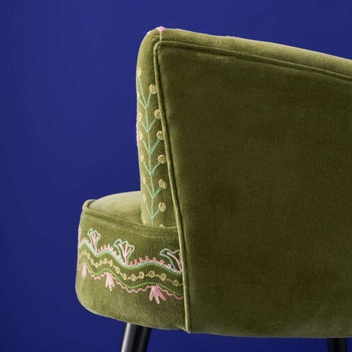 Velvet Armchair with Floral Design Emma Green Hand-Embroidered