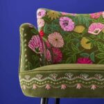 Velvet Armchair with Floral Design Emma Green Hand-Embroidered