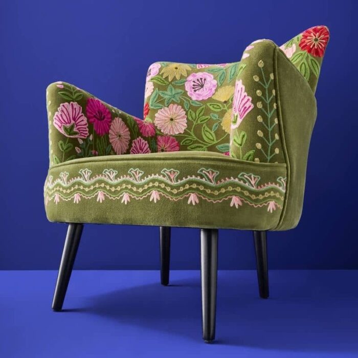 Velvet Armchair with Floral Design Emma Green Hand-Embroidered