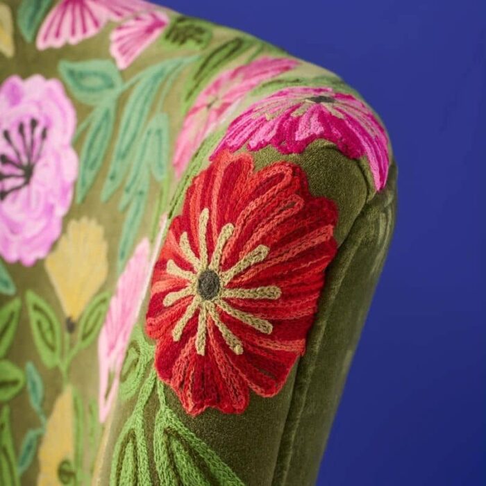 Velvet Armchair with Floral Design Emma Green Hand-Embroidered