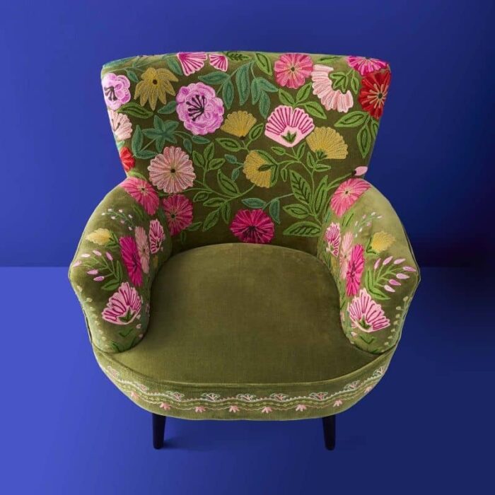 Velvet Armchair with Floral Design Emma Green Hand-Embroidered