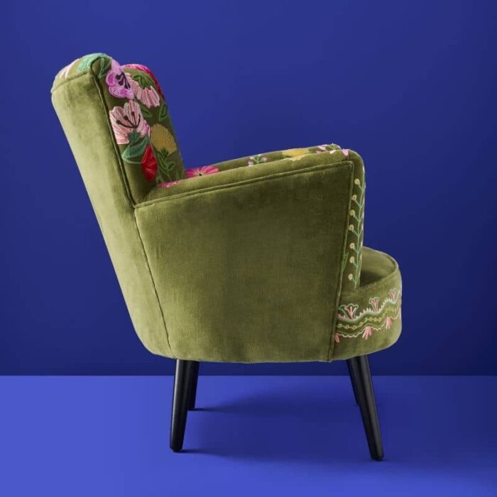 Velvet Armchair with Floral Design Emma Green Hand-Embroidered
