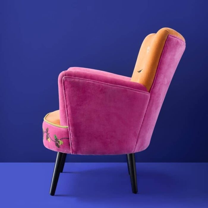 Velvet Armchair with Bird Design Kolibri Orange-Pink Hand Embroidered